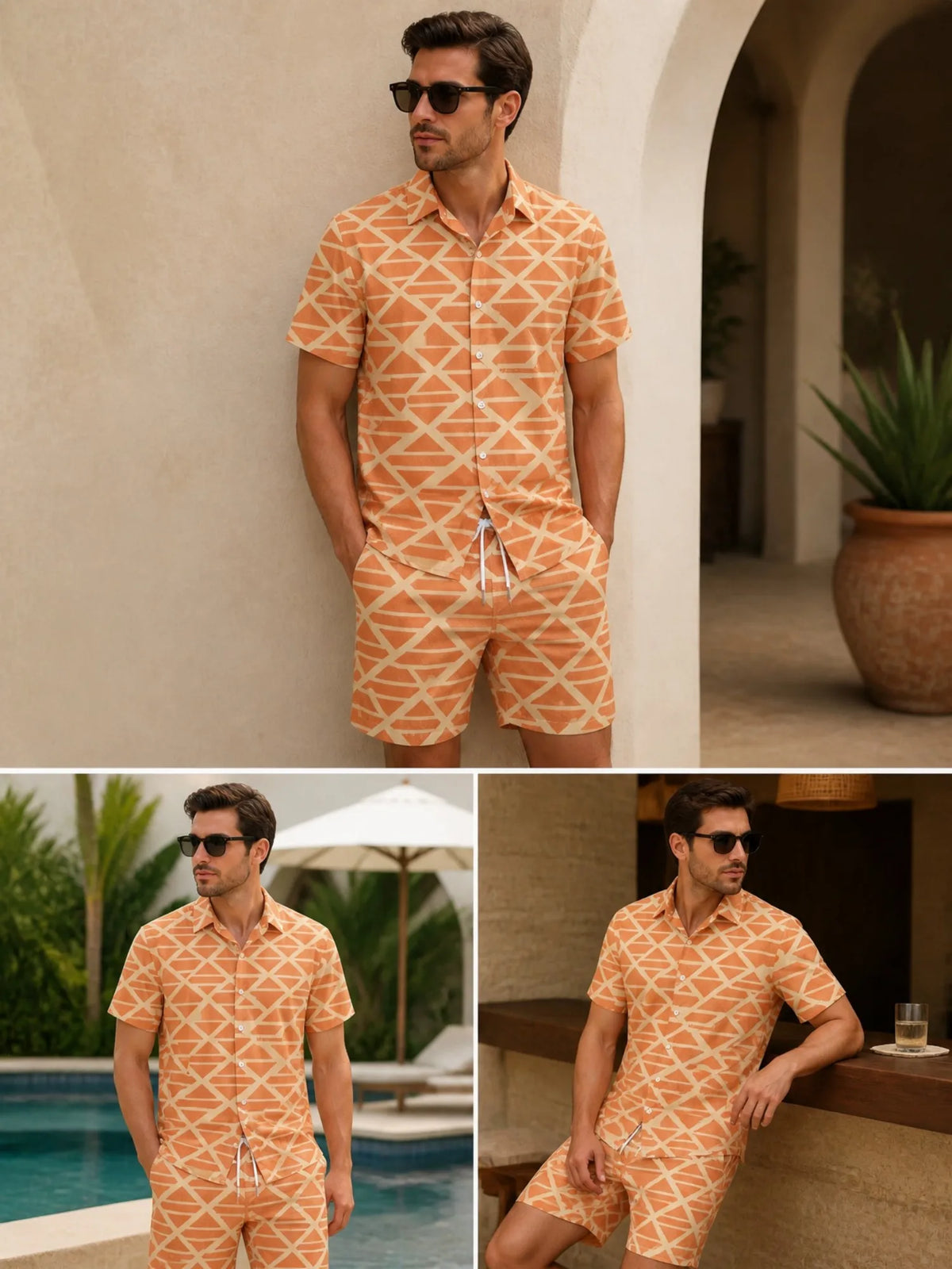 Mens Floral Short Sleeve Shirt and Drawstring Shorts Set Beach Vacation Relaxed Summer Two Piece Weekend Beach Outfit Travelwear