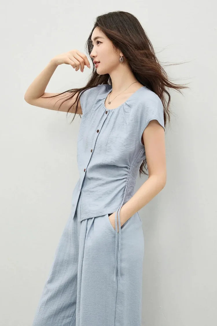 SENTUBILA Women's Office Set 2026 Summer New Blue Button Shirred Drawstring Slim Top Straight Pant 2 Piece Sets 162ZK6231