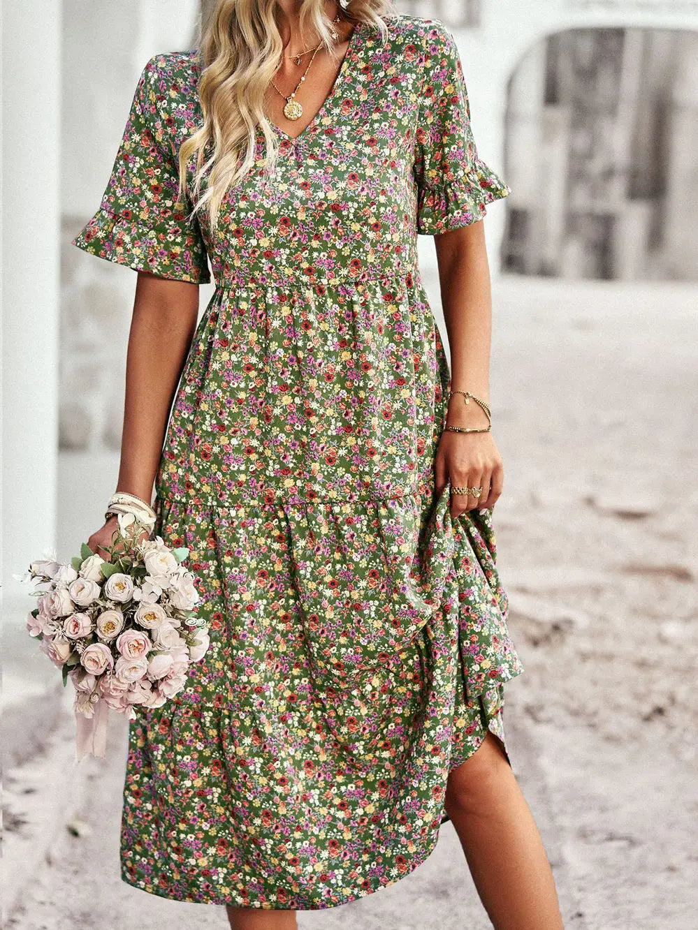 Msfilia Fashion V Neck Elegant Printed Dress Women Summer Short Sleeve High Waist A Line Floral Holiday Dresses