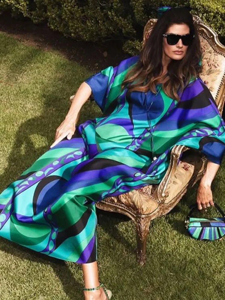 Casual Vacation Long Puff Sleeve V-neck Beach Dresses Fashion Printed Oversize Maxi Dress Women Lady Summer Bohemia Party Robes
