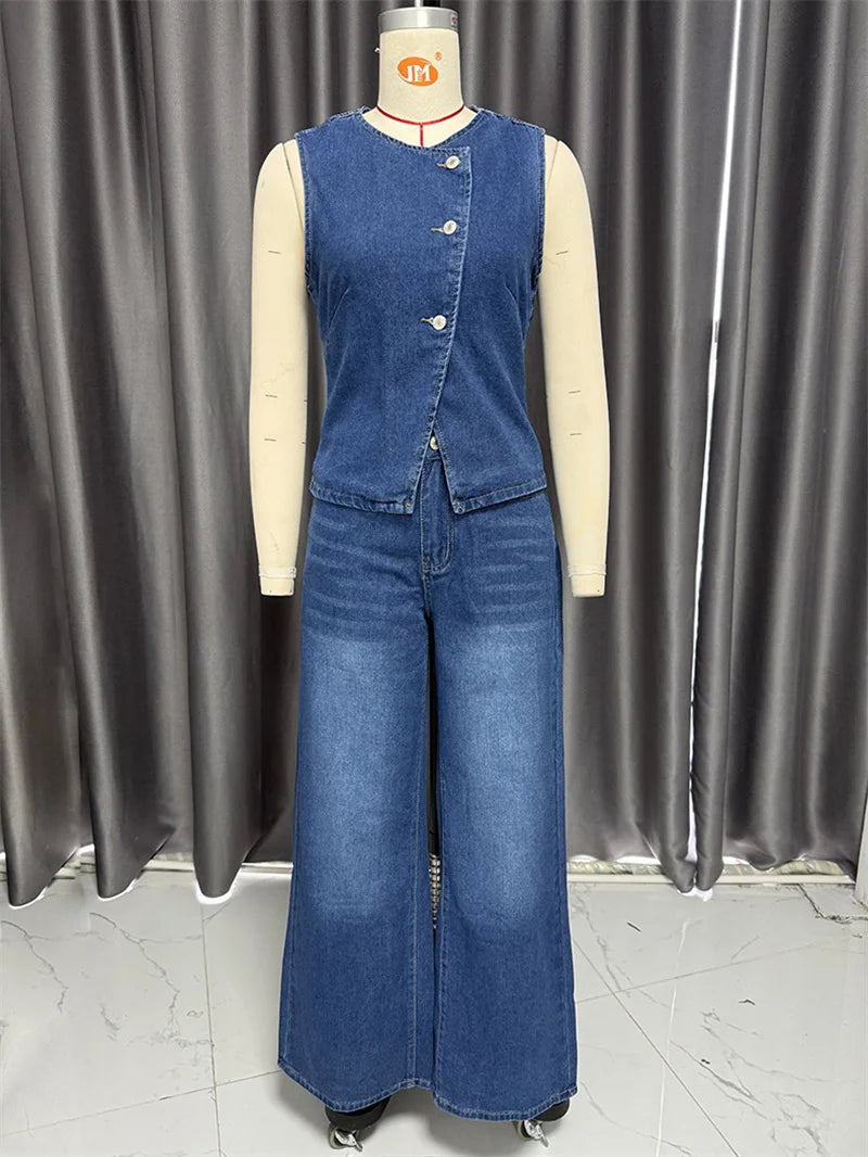 Streetwear Denim 2 Piece Sets Women Outfit Spring Summer Women 2025 Sleeveless Vest Top Wide Leg Pants Sets Jeans Two Piece Set