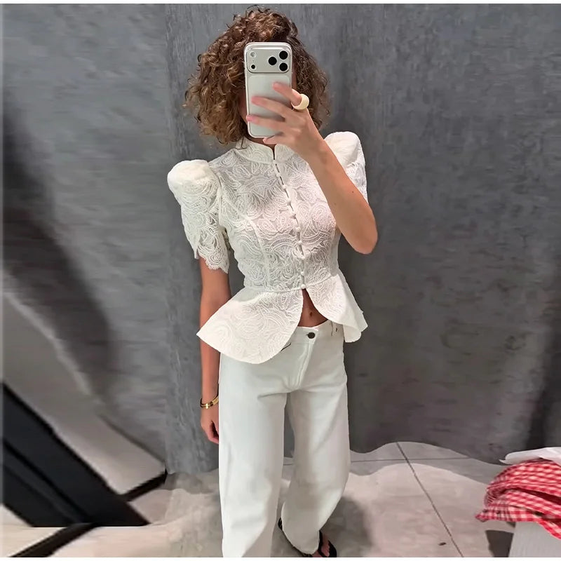 Lace Cutout Peplum Jacket Stand Collar Puff Sleeve Button Front Waist Cinched 2026 Summer Autumn Fashion Women Elegant Top