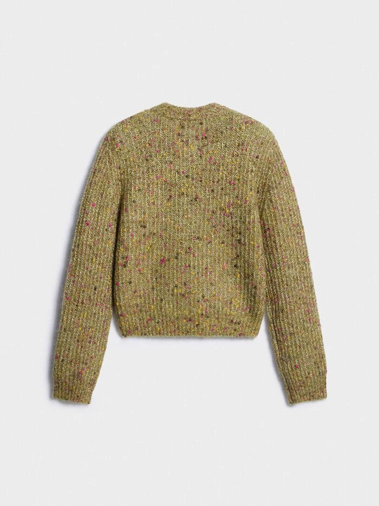 Women Cropped Knit Cardigan Speckled Round Neck Metal Button Front Long Sleeve Slim Fit Knit Jacket Casual Ladies Outerwear