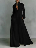 Elegant High Waist Swing Long Dress Woman Spring Solid Pockets Pleated Maxi Dress Spring Autumn Long Sleeve Button Evening Dress