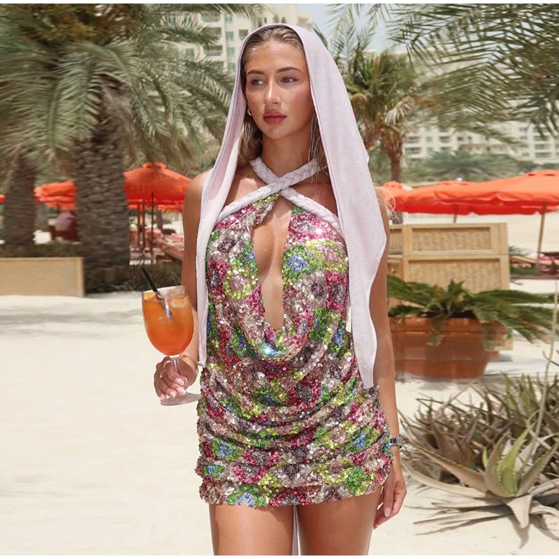Glitter Halter Tie Women Short Dress Bright Tone Bare Back Slim Fit Tie Strap Halter Dress Slim Line Festive Party Gather