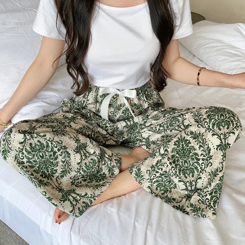 2025 Summer Sleeping Pants Women Thin Bottoms Spring Large Size Home Wear Pants Pajamas Flower Print Loose Cute Beach Trousers