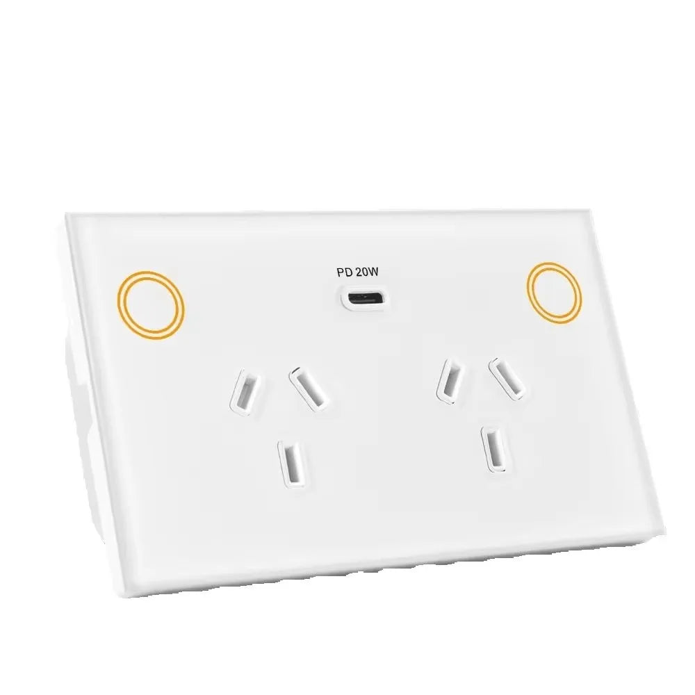 Customize Standard Wifi 2.4G 2400W Tempered Glass Panel Tuya App Smart Dual Power Point GPO Wall Socket