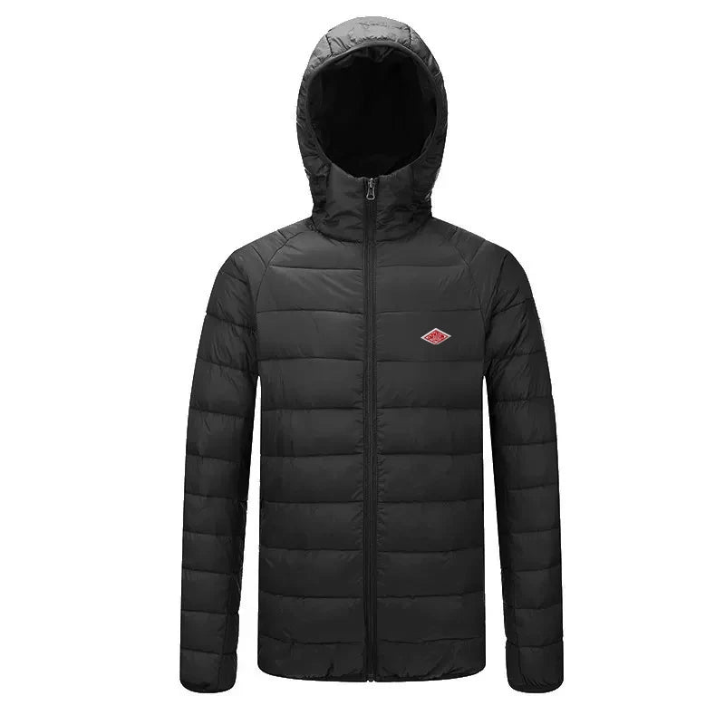 Winter Korean Style Men With Embroidery Logo Front Light Thin Hooded Down Long sleeves Zipper Turtleneck Jacket Warm Windproof