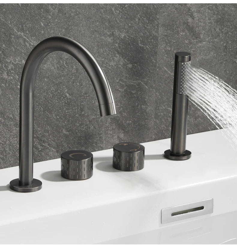 Gray Luxury Brass Deck-Mounted 5-Holes Bathroom Bath Tub Rotating Faucet Mixer Bathtub Basin Water Tap With Spray 3 Handles