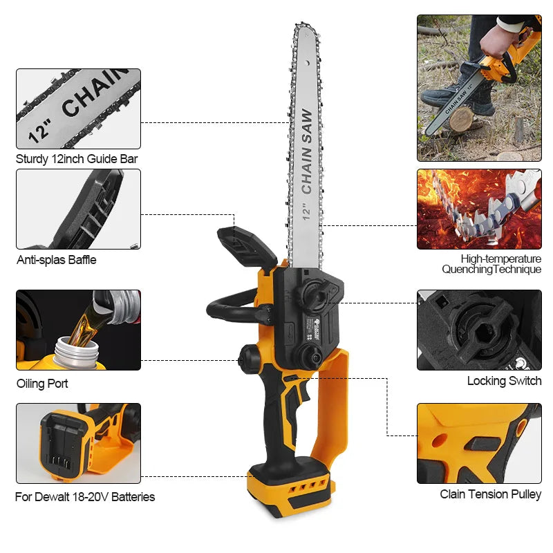 12-inch Two-hand Brushless Electric Chain Saw Automatic Lubrication System Portable Garden Logging Tool For Dewalt 20v Battery