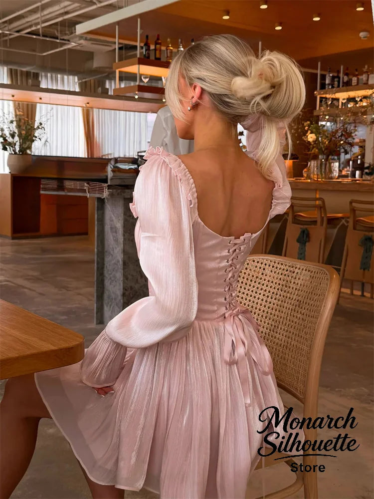 Elegant Square Collar Ruffle Trim Dress Women Chic Solid Full Sleeves Waist Cinching Short Dresses Lady Sexy Street Robes New