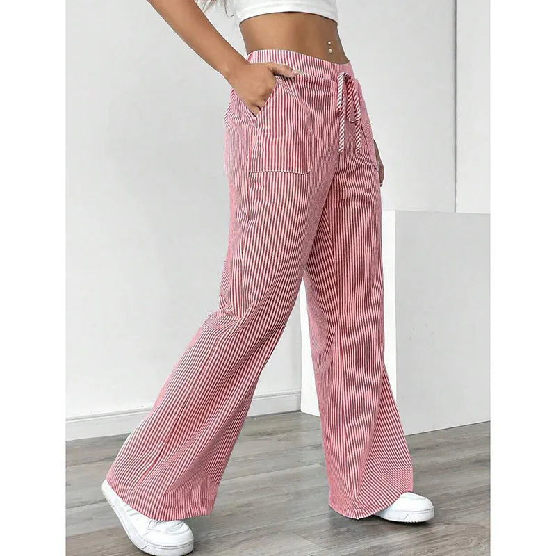 American Style Retro Vertical Stripe Drawstring Wide Leg Pants High Waist Dipping Loose Straight Casual Pants
