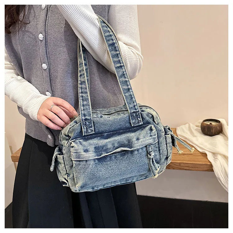 Trendy Vintage Denim Top Handle Bag Women Fashion Spring Shoulder Bag Casual Comfortable and Versatile Texture Storage Bag