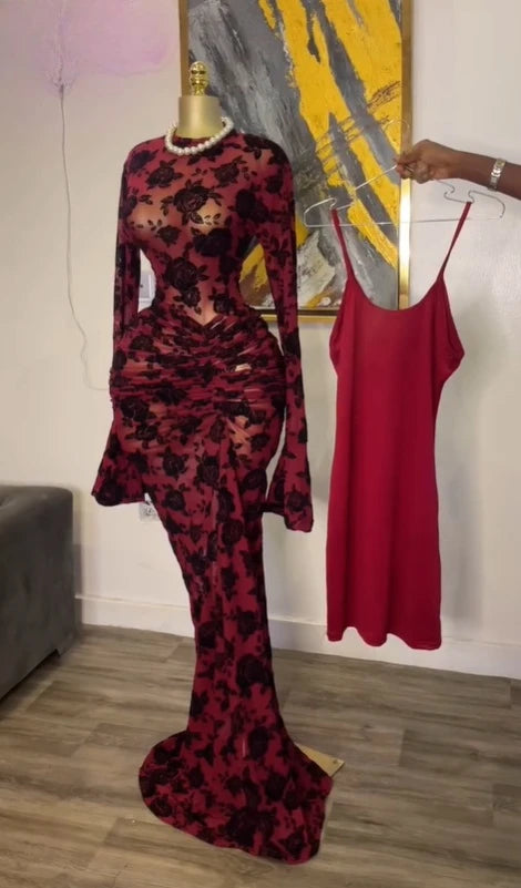 CM.YAYA 2025 Fall Women Long Sleeve Stacked Mesh See Though with Lining Bodycon Long Dress Evening Birthday Sexy Party Dresses