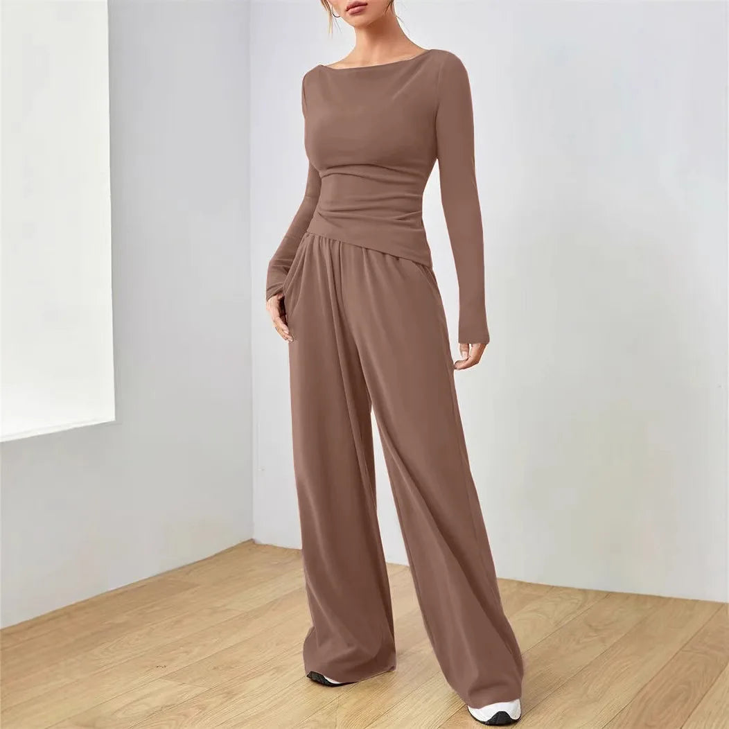 Trendy Slim Solid Color Trousers Suit For Women Simple Slim Irregular T-shirt Wide-leg Trousers Two-piece Casual Spring Suit