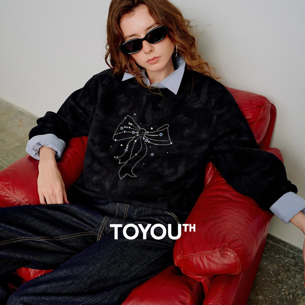 TOYOUTH Women Batik Cotton Sweatshirts 2026 Spring New Bow Rhinestone Crew Neck Loose Black Tops