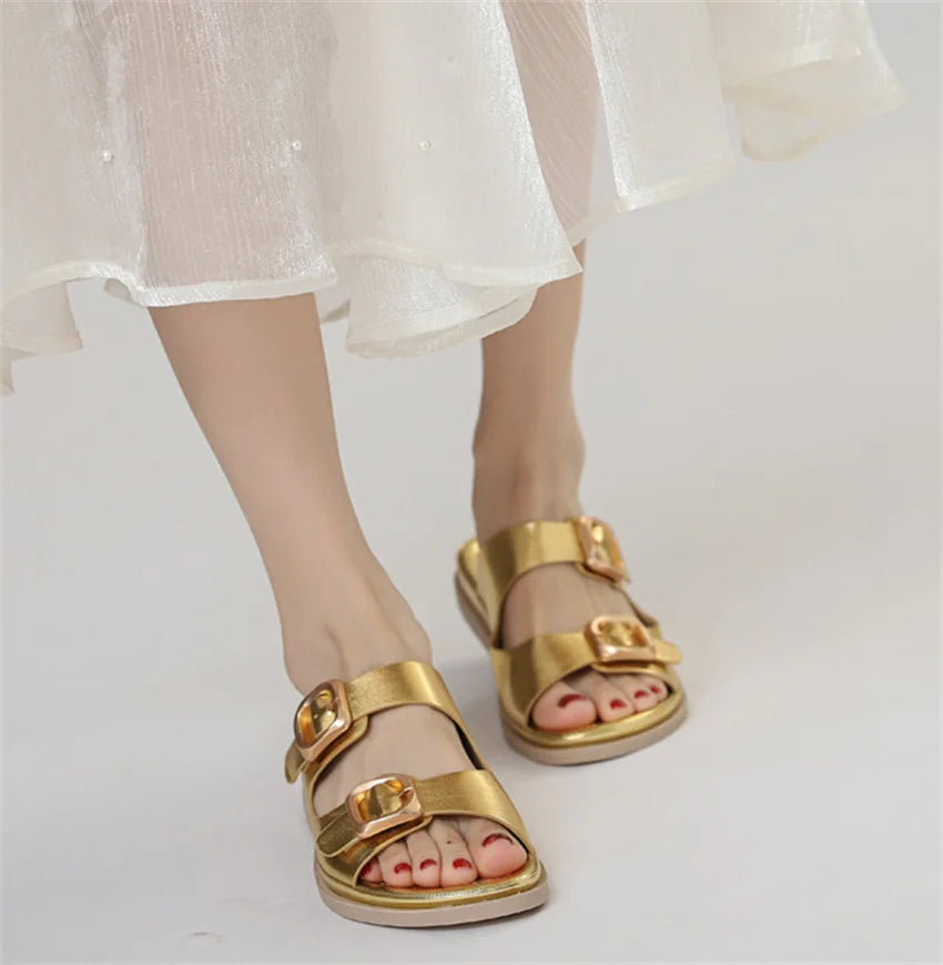 Casual Slippers Women PU Leather Open Toe Double Buckle Flat Summer Outdoors Non-Slip Soft Soles Slip On Beach Footwear Slippers
