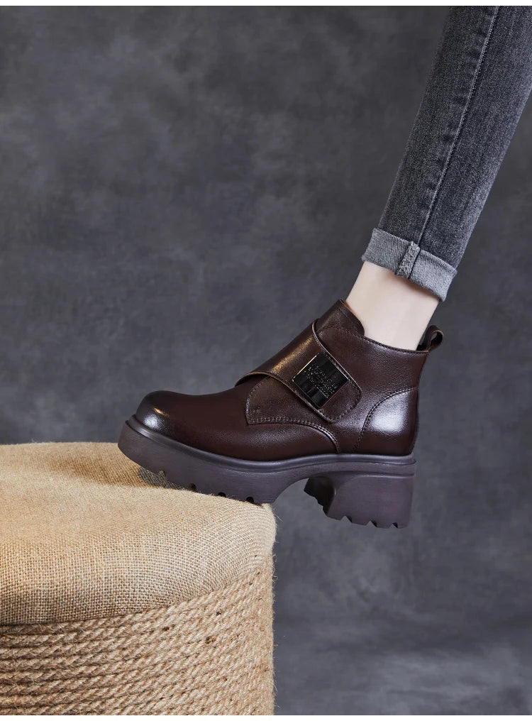DRKANOL Wide Head Design Women Platform Boots Autumn Winter Warm Thick High Heel Hool And Loop Metal Genuine Leather Ankle Boots