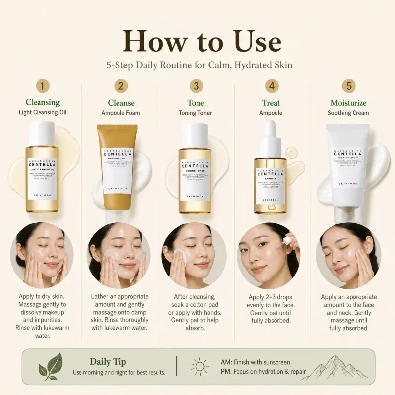 Korean Centella Travel Kit,Toner, Ampoule,Soothing Cream,Ampoule Foam,Cleansing Oil Daily Skincare Mini 5pcs Trial Kit Box Gifts