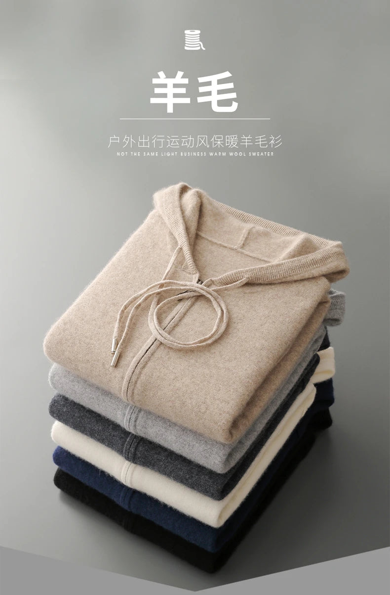 Hot Selling New Style Real Knitted Men's Cardigan Hooded Sweater Loose Full Sleeves Autumn and Winter Men's Pure Wool Sweater