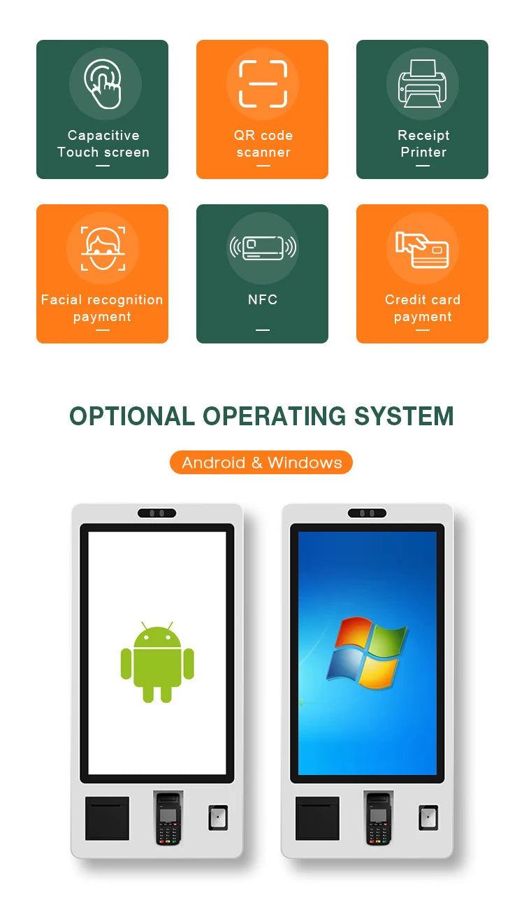 32 Inch Touch Screen Pos Systems Self Pay Service Payment Order Kiosk With POS Position Face Camera For Fast Food Restaurants