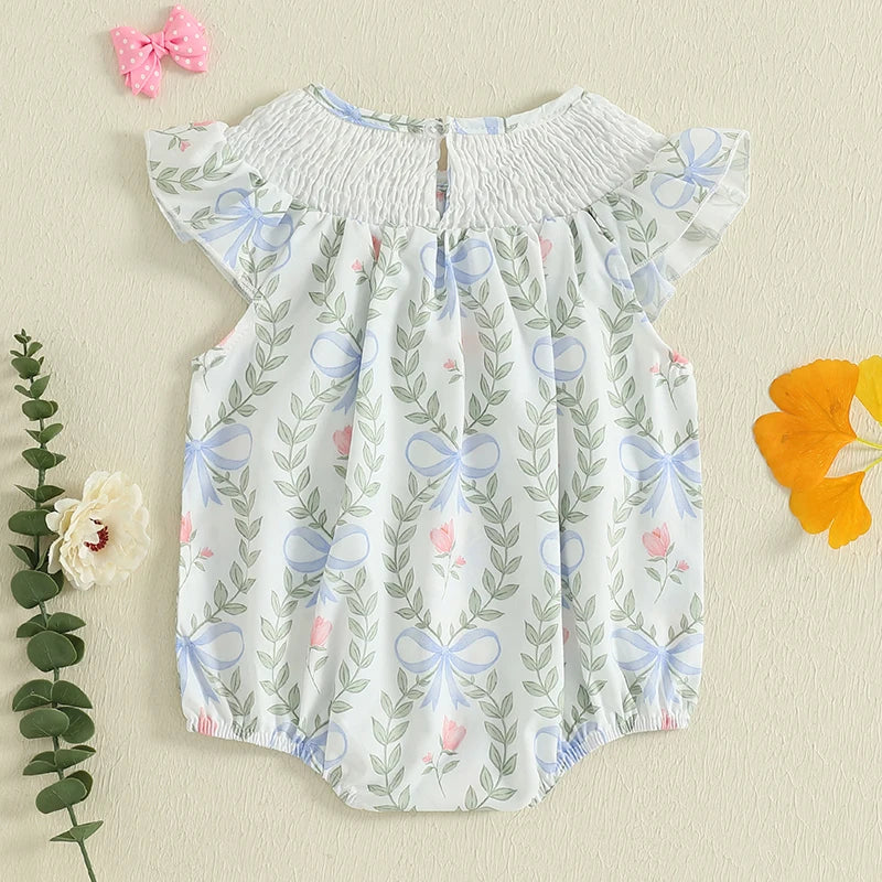 Summer Newborn Clothing Baby Girls Romper Fly Sleeve Crew Neck Bow Leaves Print Infant Jumpsuit Summer Clothes