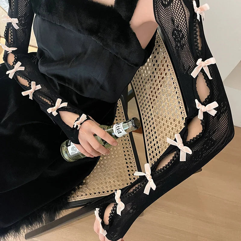 Fishnet Shawl Arm Sleeves Cropped Cardigan Women Long Sleeve Lace Shrug Tops with Thumb Hole Open Front Cut Out Bow Bolero