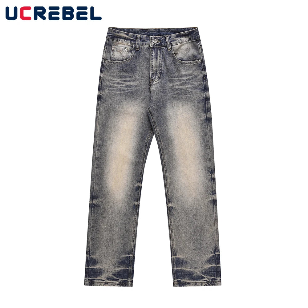 Washed Distressed Blue Denim Pants Mens Autumn Winter Casual Streetwear Straight-leg Jeans Men