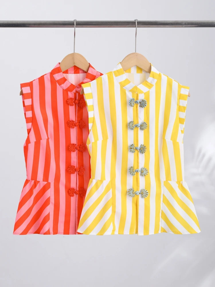 Striped Mandarin Collar Frog Button Ruffle Trim Top Striped Single‑breasted 2026 Summer Women Blouse Versatile Casual Lady Top