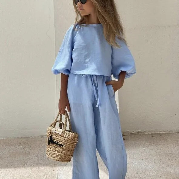 Baby Girl Linen Cotton Clothes Set Shirt+Pant 2pcs Infant Toddler Child Clothing Set Solid Color Spring Baby Clothes 1-7Y