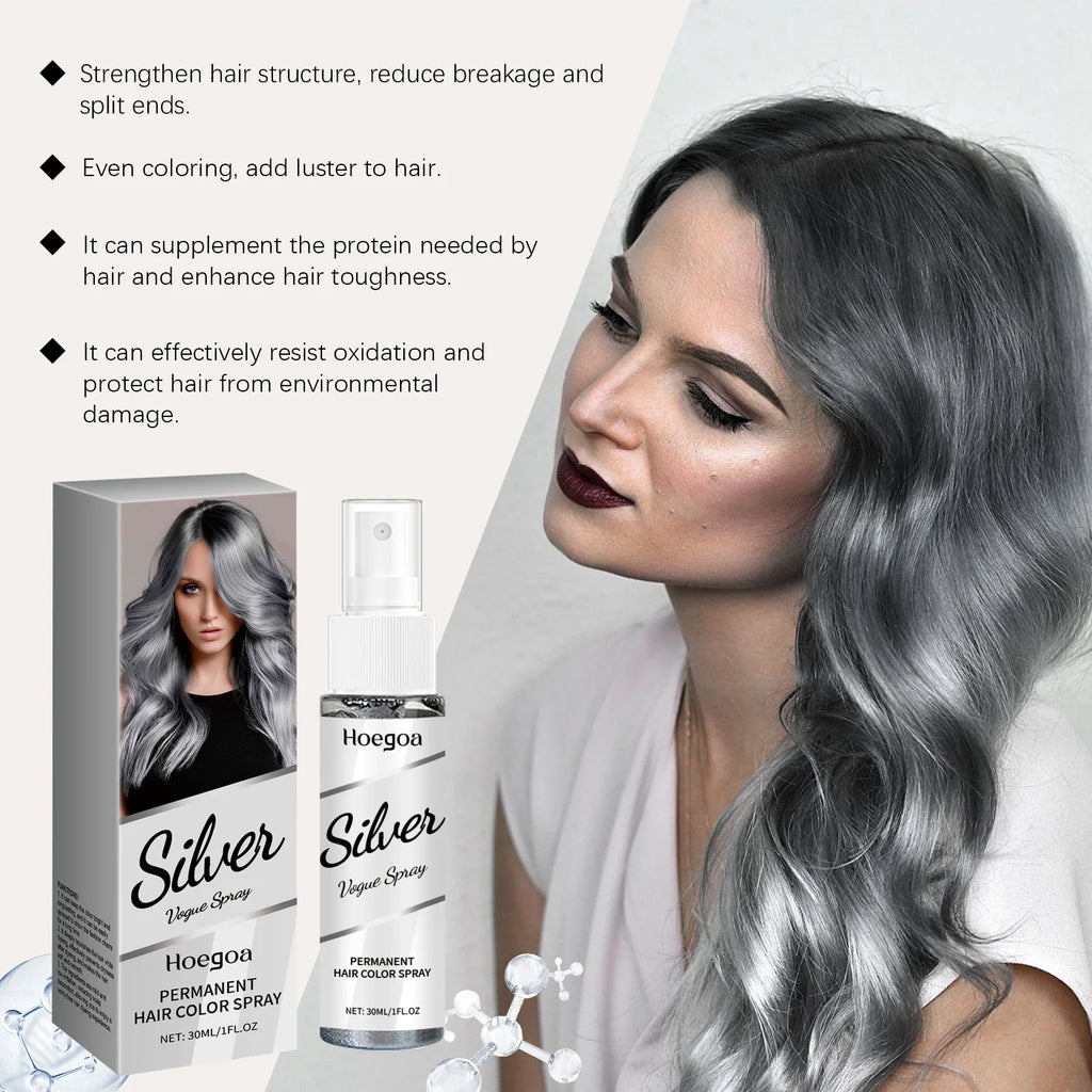Silver Grey Hair Color Spray Permanent Grandma Grey Hair Dye Unisex Smoky Fashionable Punk Style Quick Coloring Hair Spray 30ml