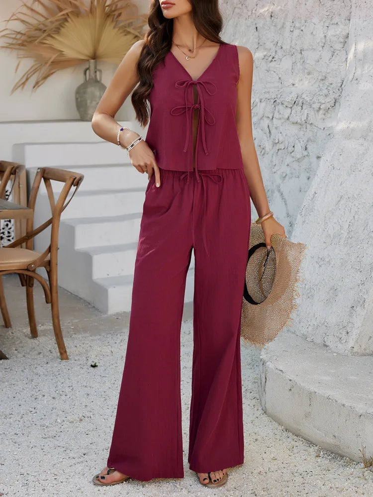 2026 Spring/Summer Casual Vacation Style Solid Color Sleeveless Lace up Top and Wide Leg Long Pants Two-piece Set