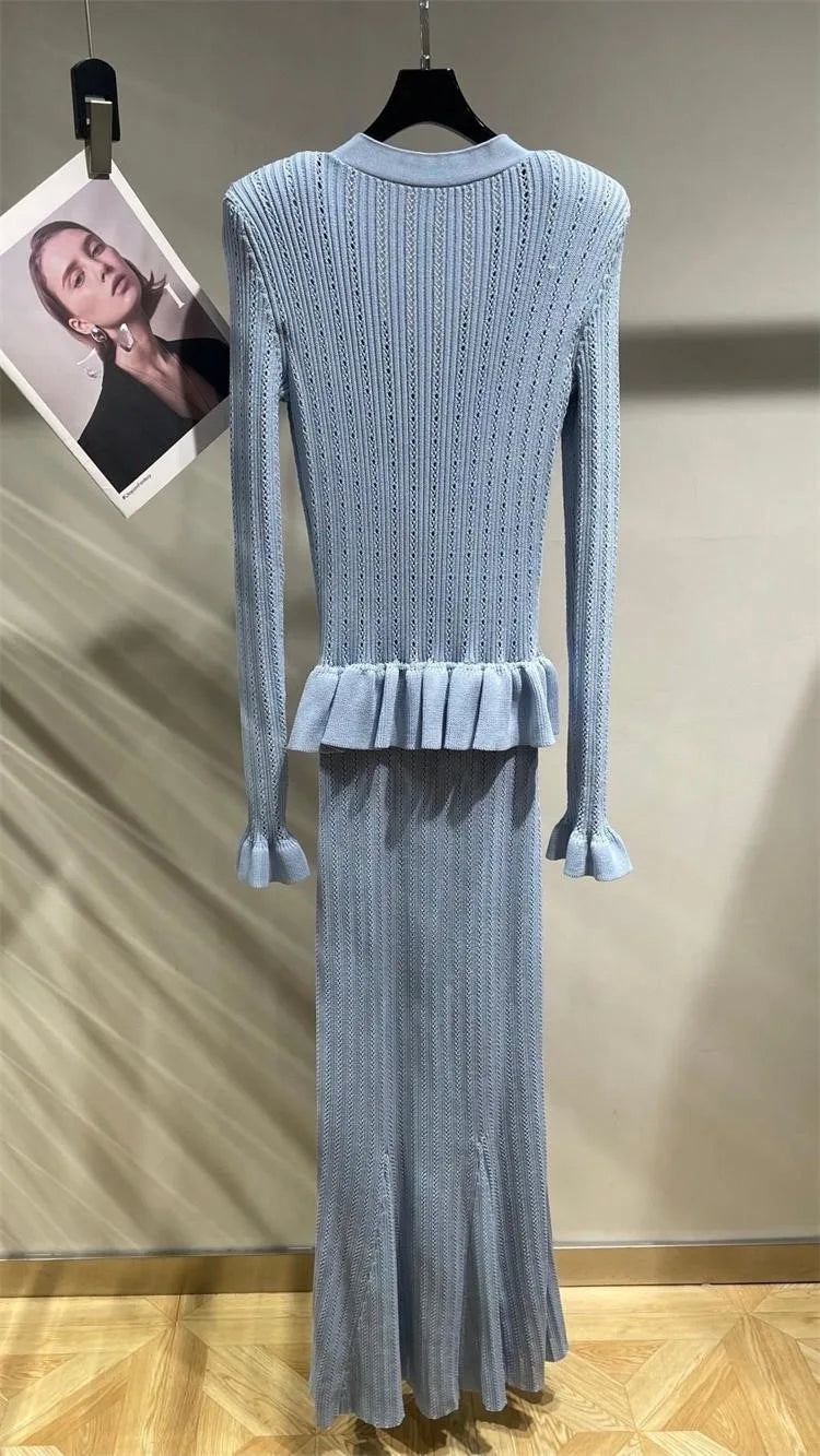 Celebrity temperament blue V-neck knitted women's dress ruffled splicing stretch Slim long fishtail dresses 2024 summer new