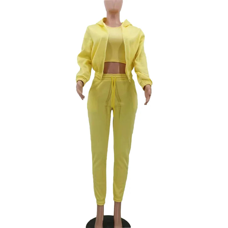 Active Wear 3 Piece Sets Womens Outfits Tracksuit Hooded Jacket Top + Vest + Sweatpants Sporty Suit Fitness Casual Matching Sets