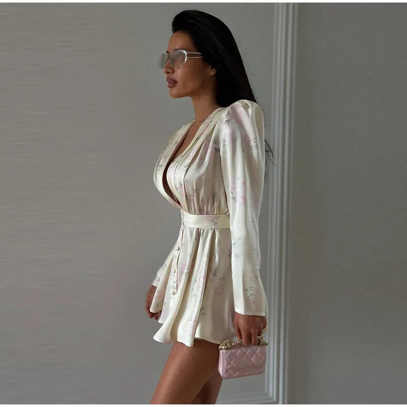 Women's White Floral Print Wide-strap Cami Dress With Waistband Fashion Satin Bodycon Mini Dresses Lady 2026 Elegant Party Robes