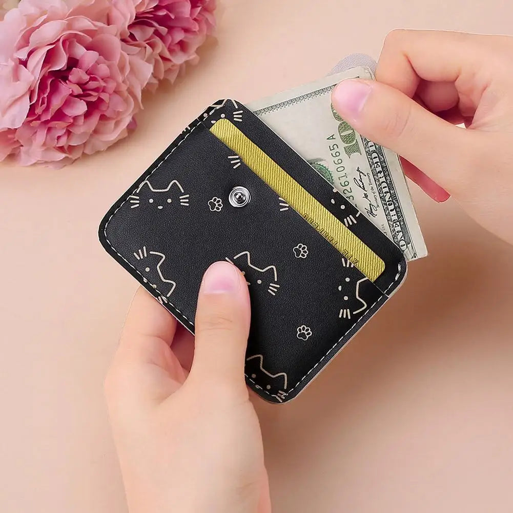 Cute Cat Print Card Holder Wallet for Women Girls Fashion PU Leather Money Bags Mini Slim Coin Purse Portable Daily Gift