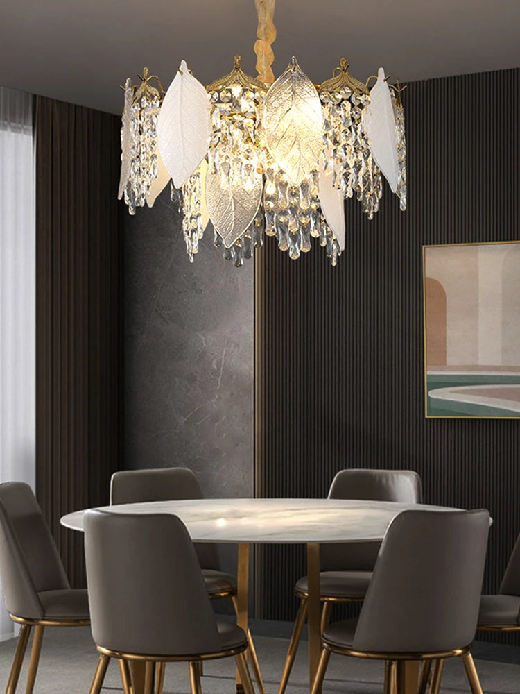 Luxury Porcelain Glass Leaves Chandelier Modern Crystal Hanging Lamps Home Decor Lighting Lustre Villa Living Room Pendant Light