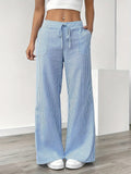 New Korean Style High Waist Drawstring Wide Leg Pants Women Vertical Striped Loose Casual Trousers Elastic Waist with Pockets