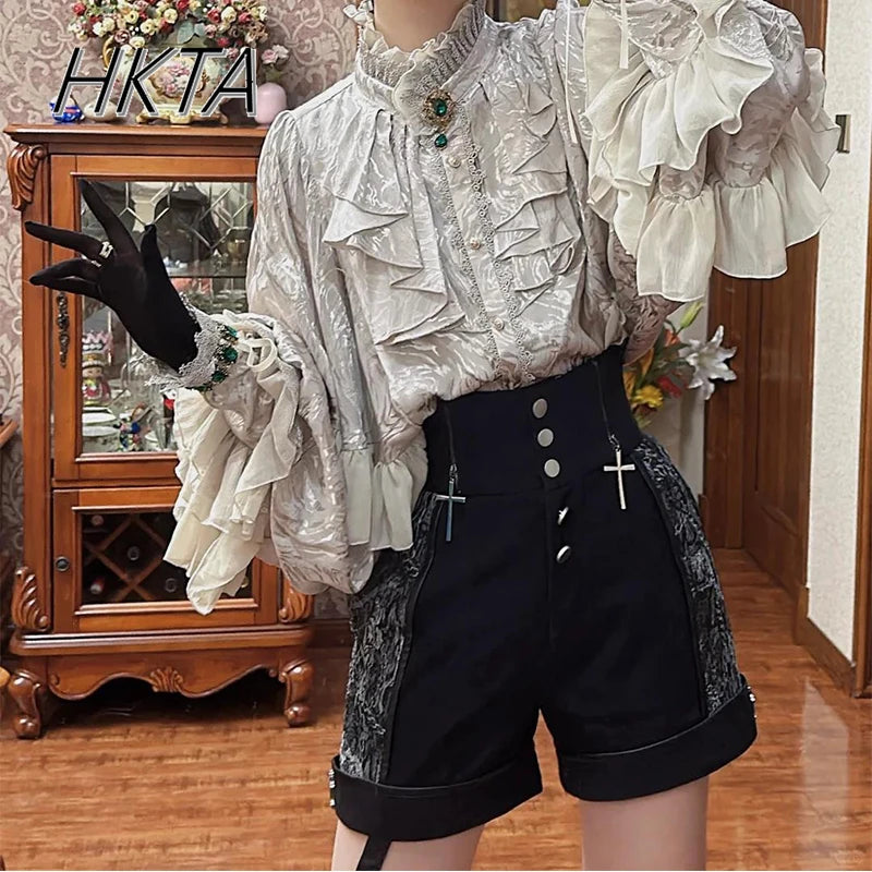 Gothic Style Silver Shirt Spring and Autumn New Bat Sleeve Loose Long Sleeve Shirts Lolita Court Style Women's Camisas Top Y2k