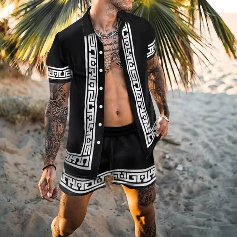 2024 Summer Men's Fashion Leopard Print Short Sleeve Shirt And Shorts Set Beach Style T Shirt Breathable Shorts Two Piece Set