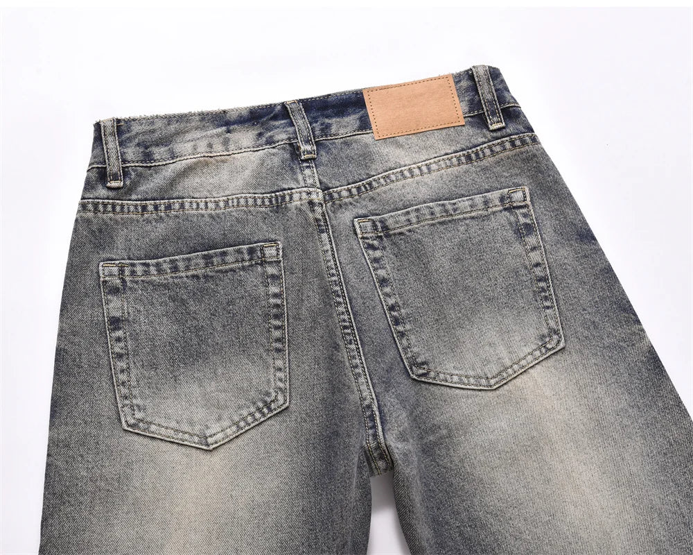 Washed Distressed Blue Denim Pants Mens Autumn Winter Casual Streetwear Straight-leg Jeans Men