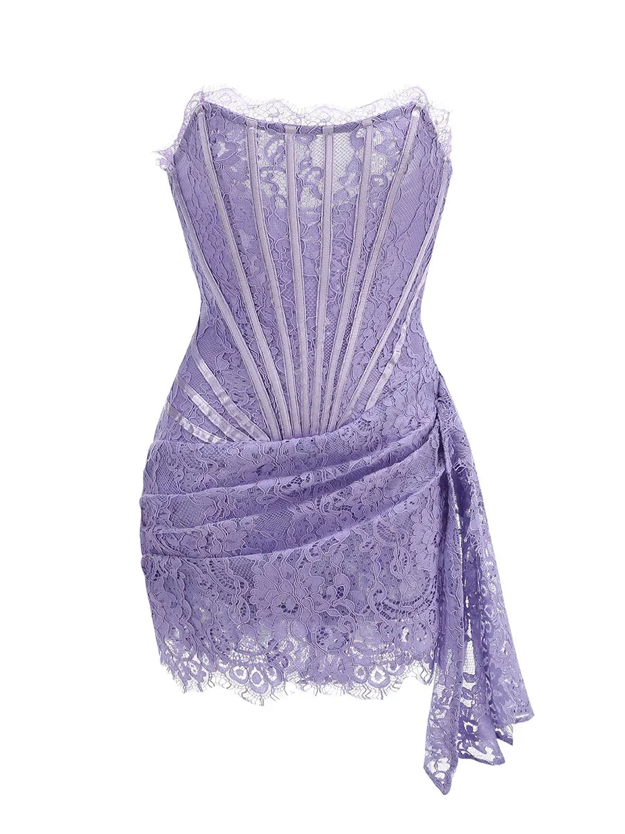 Women's Sexy Lace Dress Solid Color Sheer Patchwork High Waist Lace Dress Elegant Printed Strapless Slim Evening Dress