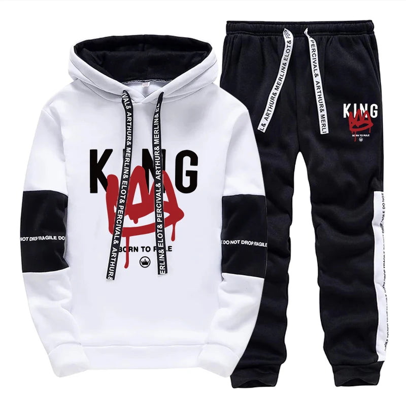 King Print Mens Tracksuit Casual Sweatshirts Outdoors Sports Jogging Mens Clothing Daily Street Sportswear Single Piece Hoodies