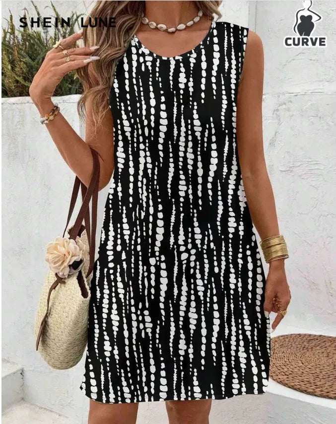 Women's Casual Summer Sleeveless Loose Fit Round Neck Pull On 3D Print Mid Length Dress for Women Beach Hiking Camping Outfits