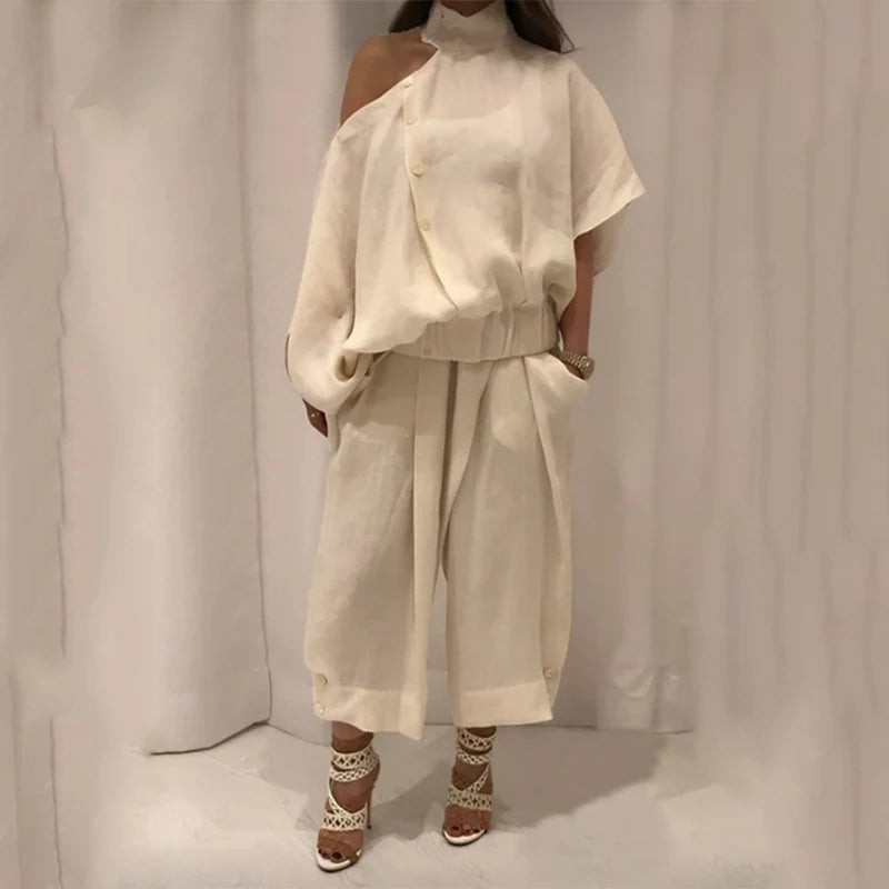 Women's Two Piece Set Wide Leg Buttoned Casual Pants Bottoms Trousers Hollow Solid Color Irregularity Loose Cold shoulder Blouse