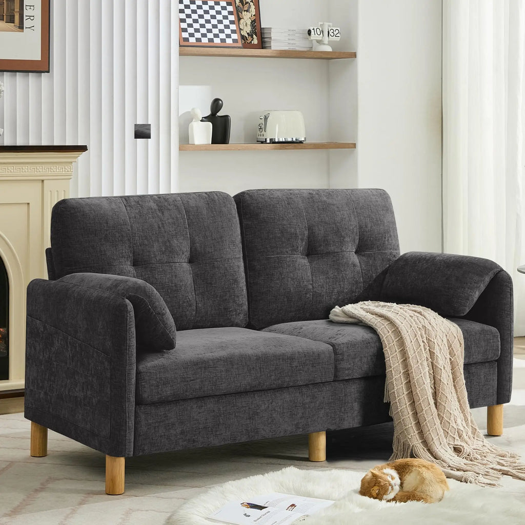 65 Inch Beige Chenille Mid Century Modern Loveseat Sofa with Padded Arms and Storage Pockets for Living Room