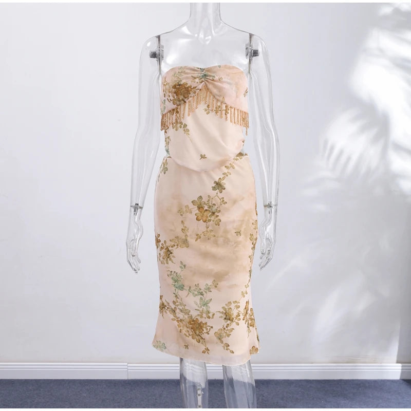 Floral Print Women's Skirt Set Sexy Strapless Tassel Crop Top Low Waist Midi Skirt Suit Female 2026 Summer Woman Beach Outwear