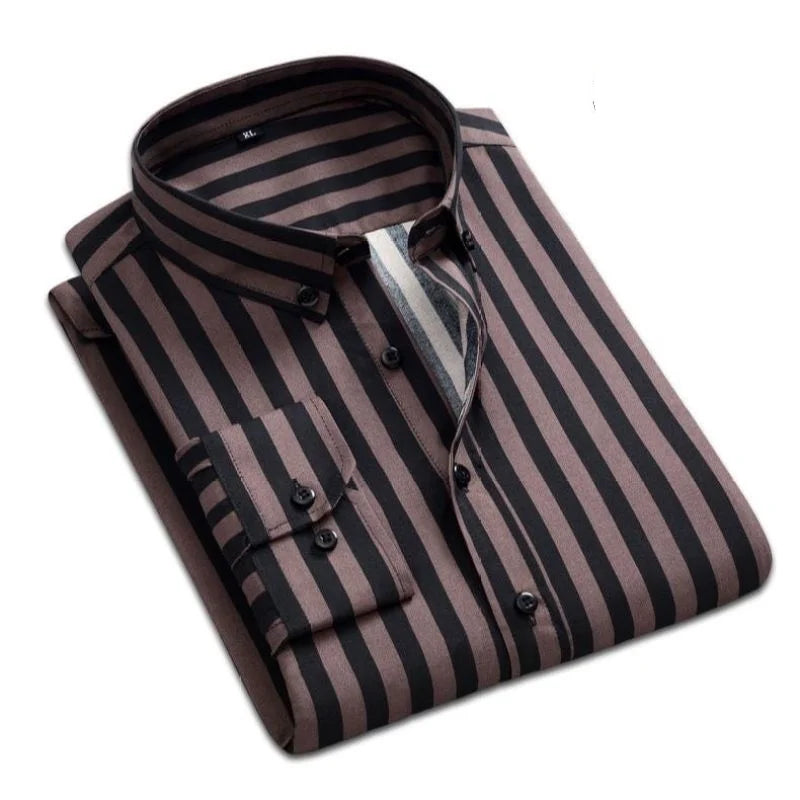 2024 Spring and Autumn Fashion Trend Casual Business Minimalist Buckle Neck Stripe Print Slim Fit Oversize Long Sleeved Shirt