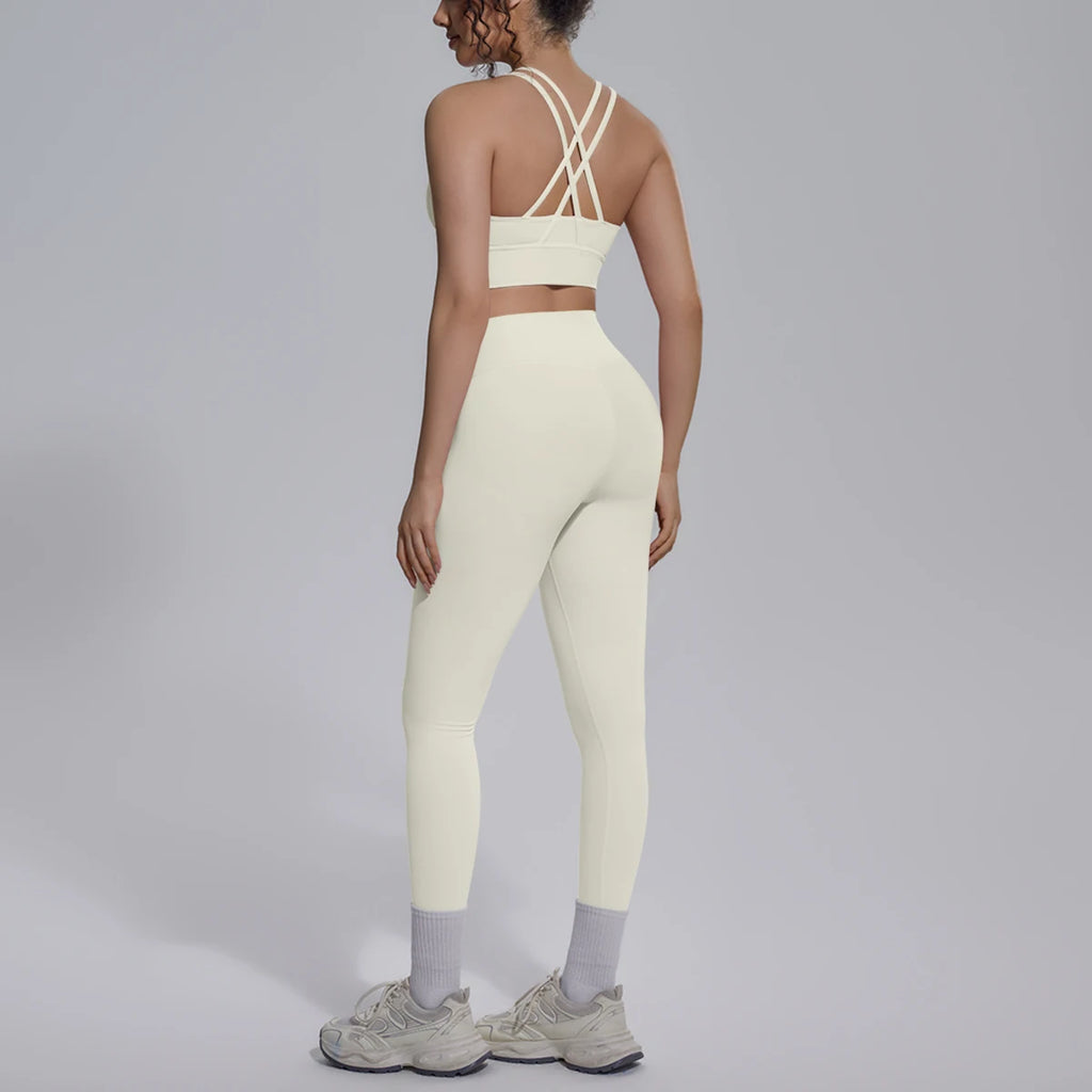 2PCS Yoga Set Summer Gym Sports Running Yoga Clothing Solid Color Cross Bra Workout Top High Waisted Quick Drying Fitness Pants