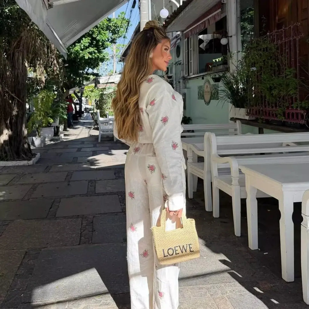 Early Autumn New Fashion Design Printed Long Sleeve V-Neck Zipper Onesie Women's High Waist Straight Leg Pants Suit